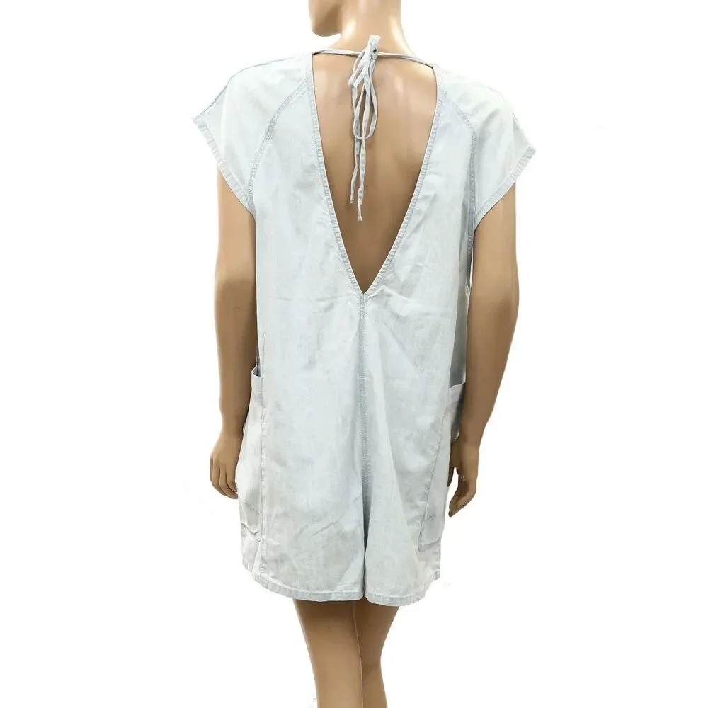 Free People We The Free Fall Denim Romper V-Neck Oversized Cotton Water S 288819